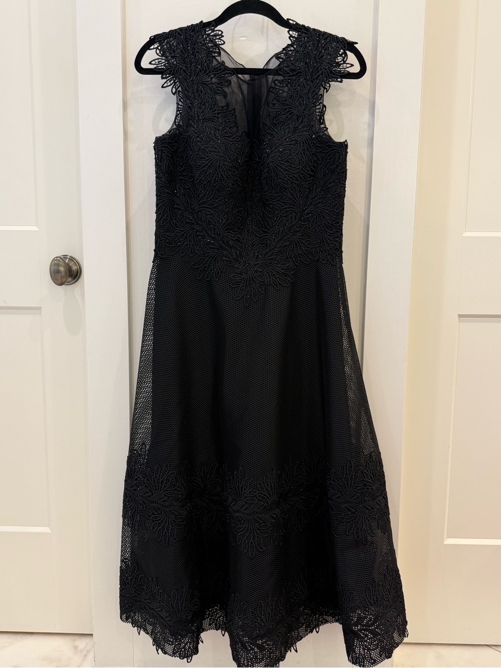 Rickie Freeman for Teri Jon black lace A-line midi cocktail dress